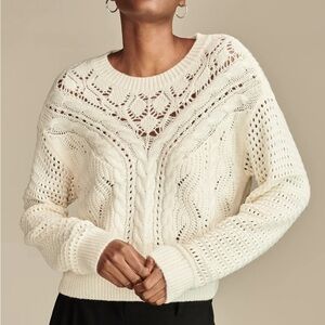 NWT Lucky Brand Pointelle Cream Crew Neck Sweater, Elegant Knit Sweater